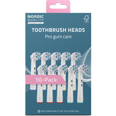 Nordic Quality EB60P Pro Gum Care tandbørstehoveder 10-pak præsenteret i en mørkeblå æske med tandbørstehovederne arrangeret foran.