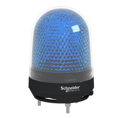 Blå Schneider Electric XVR3 signallampe med indbygget buzzer og indstillingsdisplay, vist med monteringsbeslag.