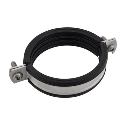 Walraven Bis bifix 1301 rørbøjle med sort EPDM-indlæg og metalbånd, set skråt oppefra; til rør på 40-43 mm.