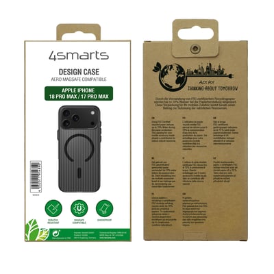 Emballagen til 4smarts Design Case Aero viser det sorte, rillede cover til iPhone 18 Pro Max og 17 Pro Max.
