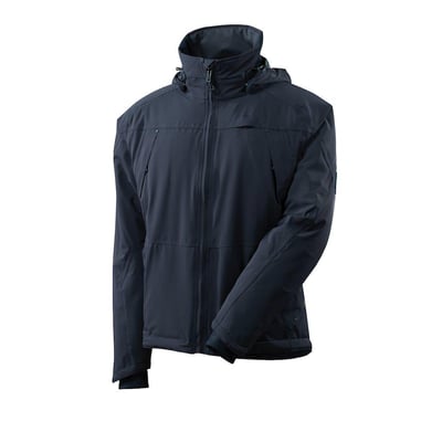 Mascot vinterjakke i mørk marine, 4XL, vist fra siden med fokus på lynlåsdetaljer og ergonomisk formede ærmer.