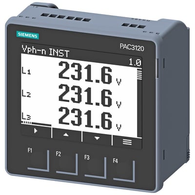 Siemens SENTRON PAC3120 strømmåler med LCD-display viser 231.6V for L1, L2 og L3.