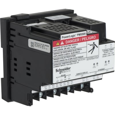Schneider Electric PM5563 powermeter til DIN-skinne med advarselsmærkater og tilslutningsmuligheder vist fra siden.