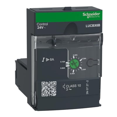 Schneider Electric TeSys LUCBX6B motorstarter med kontrol 24V~ og justerbar strøm fra 0.20A til 0.60A samt 8A I> funktion.
