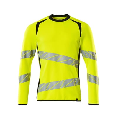 Detaljebillede af Mascot Hi-Vis sweatshirt, der viser det tætsiddende gul/sort design, reflekserne og det sorte indlæg på ærmerne og skuldrene.