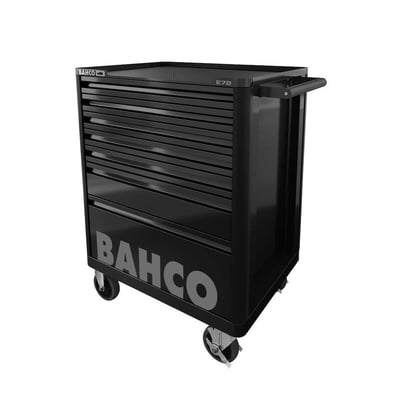Tættere billede af den sorte Bahco værktøjsvogn med 7 skuffer, med fokus på skuffernes udseende og Bahco logoet.