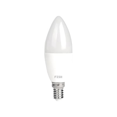 FESH Smart Home LED kertepære, E14, 5W, hvid med en mat overflade på pærehuset og et detaljeret billede af soklen.