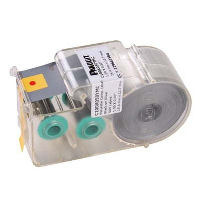 Kompakt labelkassette fra Panduit med sølvfarvede polyester labels, C100X050YMC, 25.4 mm x 12.7 mm.