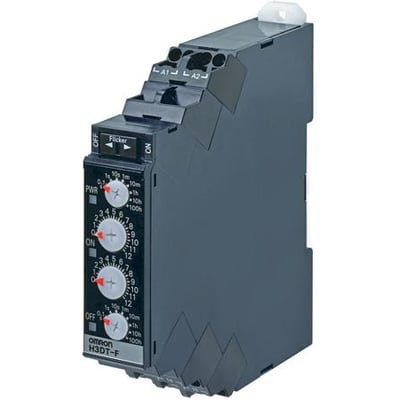 Omron H3DT-F timer til DIN-skinne montage med 17,5 mm bredde, der viser tre justeringsskiver og push-in terminaler til tilslutning.