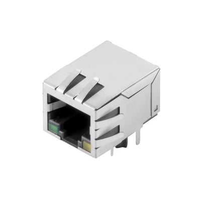 Weidmüller RJ45-transformerjack til printplade med sølvfarvet skærmhus, LED-indikatorer og loddeben.