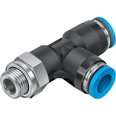 Festo T-forskruning QSTL-G1/4-8 med indstik og blå endestykker, viser gevind og hexagonal kobling på hvid baggrund.