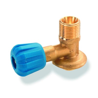 Detalje af Aga tilslutningsventil, messing med blå drejeknap, tydelig visning af 3/8" slangegevind og 5/16" tilslutning.