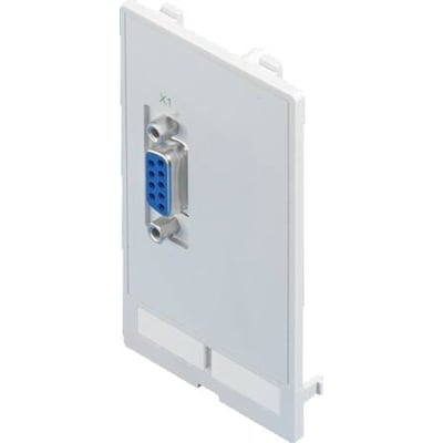 Rittal modulopbyggede afdækningsklapper SZ med en blå og sølvfarvet port for tilslutning, monteret på en hvid plastplade.