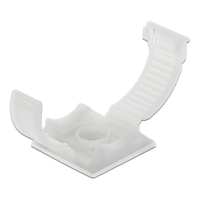 Delock kabelholder i hvid plast med låseclips og selvklæbende bund, velegnet til skruemontering.