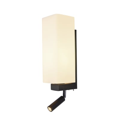 SLV QUADRASS SPOT væglampe i sort metal med rektangulær, matglashalogen og en fleksibel LED-læselampe i sort.