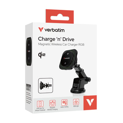 Verbatim Charge 'n' Drive Qi2 magnetisk trådløs biloplader i sort emballage med produktbilleder og ikoner.
