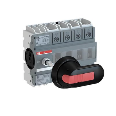 ABB lastafbryder OT160G04P, 160A, 4-polet, med sort drejegreb og venstremonteret mekanisme på hvid baggrund.