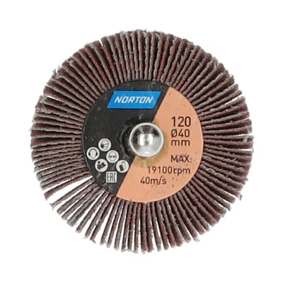 Norton Metal R207PLUS slibevift på skaft med brune slibelameller og mærkning for korn P120 og diameter 40 mm.