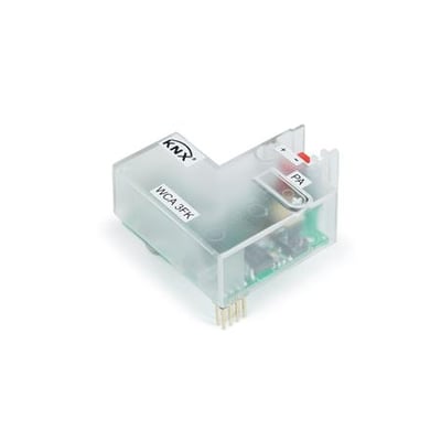 WindowMaster WCA 3FK KNX-interface, version 2, er et gennemsigtigt feltbuskort med synlige stikben.