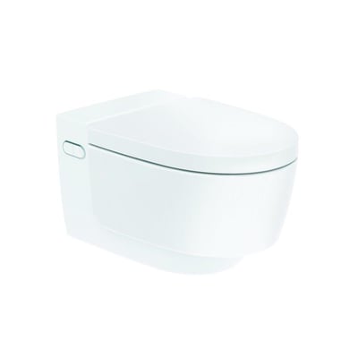 Geberit AquaClean Mera Classic væghængt toilet med douchefunktion, præsenteret i et hvidt porcelænsdesign.