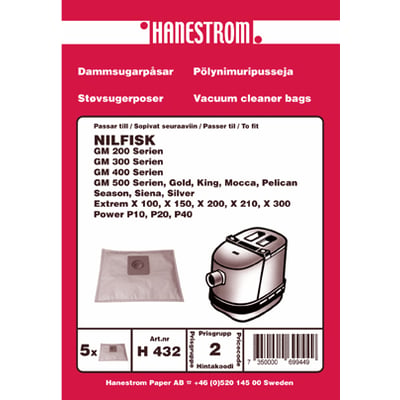 Pakke med 5 stk. støvsugerposer fra Hanestrom Paper, H 432, kompatible med Nilfisk GM-serien og diverse andre modeller.