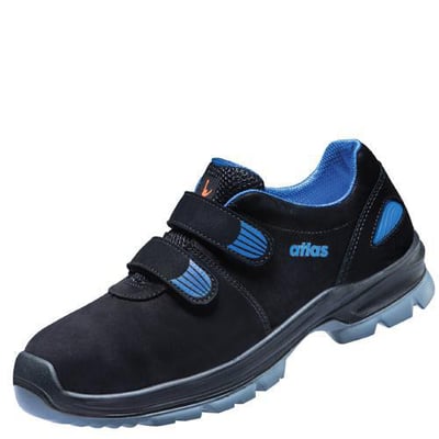 Atlas sikkerhedssko TX 40 2.0 ESD str. 44 i sort nubuck med velcro og blå detaljer. Skoen har en kraftig ydersål og en åndbar blå inderside.