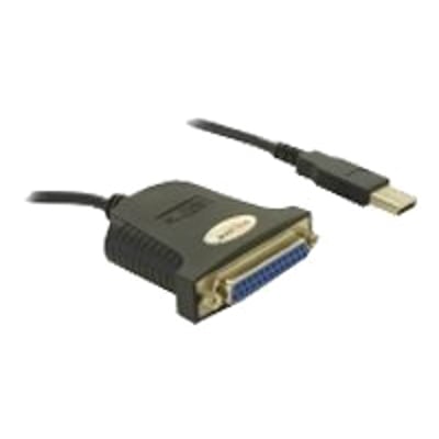 Delock USB 1.1 til parallel adapterkabel på 0,8 meter, viser både USB A-stik og DB25 han-stik i sort.