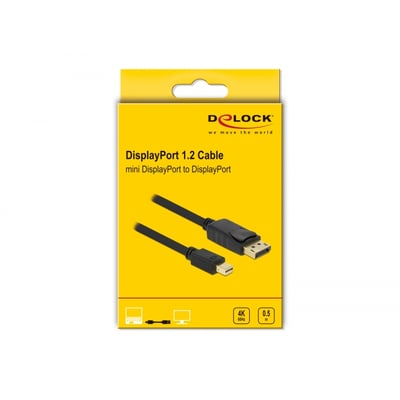Den gule emballage viser Delock Mini DisplayPort 1.2-kablet med stik i begge ender samt markering for 4K ved 60 Hz og 0,5 meter.