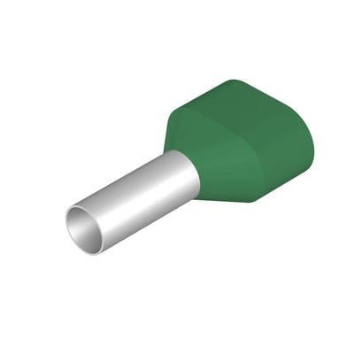 Grønt Weidmüller twin terminalrør til 2 x 6mm² ledere, med sølvfarvet metalrør og grøn plastisolering.