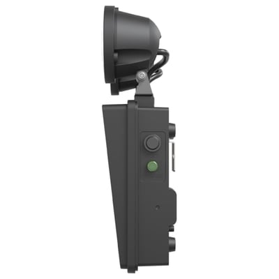 Ansell Lighting Raptor twin-spot nødlampe i sort polycarbonat, set fra siden med detaljer som knapper og indikatorlampe.