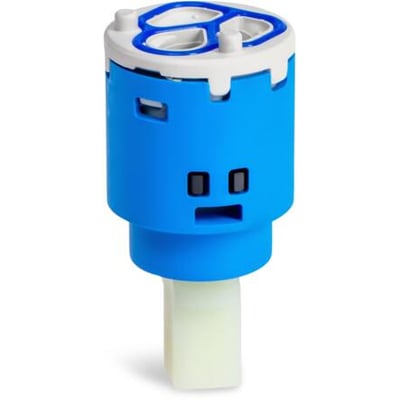 Kartouche FK-0326 i blå plast til Blue Label håndvaskarmatur, høj model, med hvid top og beige spindel.