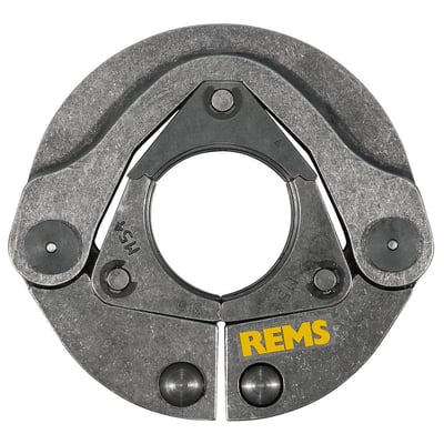 Detaljeret billede af REMS pressring M54 (PR-3S) med indgraverede markeringer og Rems logo, viser den åbne samling.