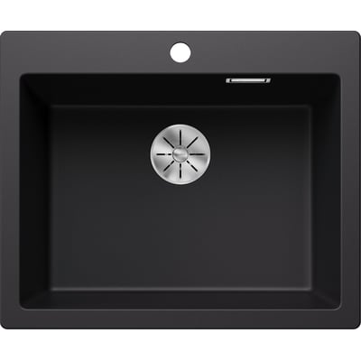 Top view af Blanco Pleon 6-F UXI køkkenvask i sort SILGRANIT, 60,5 x 50 cm, med hanehul og kurveventil.
