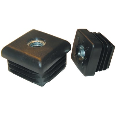 Sort firkantet M8 indsats 25x25 mm med ribber til rørgodstykkelse 1,0-2,0 mm. Vises på hvid baggrund.