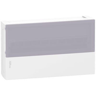Schneider Electric MiniPragma afdækning med 1 række og 18 moduler, vist horisontalt med klar front og hvid base.