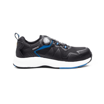 Monitor Paradox S sikkerhedssko i størrelse 36 med sort tekstiloverdel, blå detaljer og Boa-lukning på hvid baggrund.