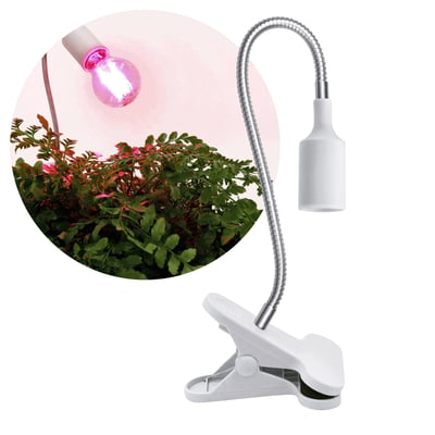 Hvid Kobi PLANTY CLIP-klemmelampe til grolys med fleksibel arm og E27-fatning; en illustration viser den over planter.