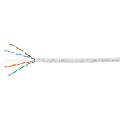 Eurolan C6 UTP Dca netværkskabel, hvidt halogenfrit LSZH kabel med fire snoede par indeni.