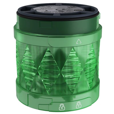 Nærbillede af Schneider Electric XVU-lystårn LED modul i grøn, der viser 24V, blinkfunktion og 60mm diameter.