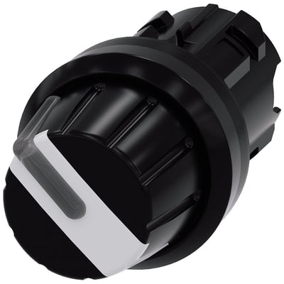 Siemens Sirius Act 22mm rund plast omskifter med lysbar og sort/hvid drejeknap, vist med en 90° aktiveringsvinkel.