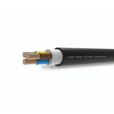 Blackflex B2ca installationskabel med tre ledere: brun, blå og gul/grøn, med sort halogenfri yderkappe.