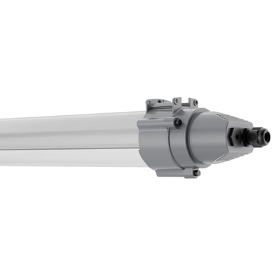 Gråt Ledvance Damp Proof Max LED-armatur på 43 W og 6200 lm, vist skråt med kabeltilslutning og monteringsbeslag.