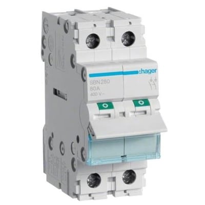 Hager 2-polet afbryder SBN280 på 80A, 400V, med grønne kontakter og klar beskyttelsesklap foran.