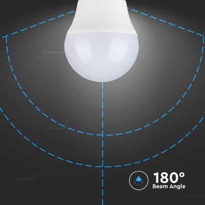 V-TAC LED-pære G45 med E27-fatning vist med en grafisk illustration af lysspredningen på 180 grader.