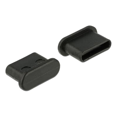 Sort DeLock-støvhætte uden greb til USB Type-C-hunport, vist fra to vinkler med stikenden og den lukkede ende.
