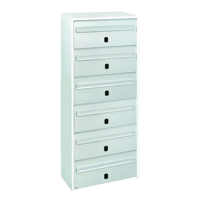 Postkasseanlæg Model 700 med 6 rum i hvid malet stål og sølvelox. aluminium, 407x976mm, leveres uden lås.