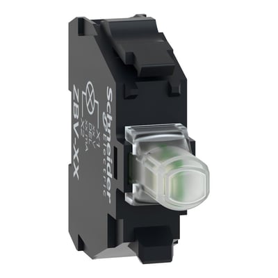 Isoleret billede af Schneider Electric universal LED lysmodul med 12V mærkning, vist fra en let skrå vinkel.