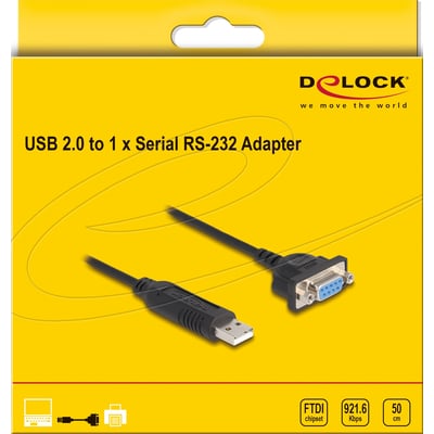 Emballagen til DeLock USB til RS-232-adapteren med DB9-hunstik viser det sorte kabel og FTDI-chipset.