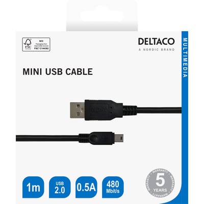 Deltaco USB 2.0-kabel med mini-B-stik og sort ledning vist på emballagens forside med 1 meter kabel.