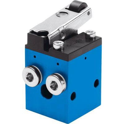 Festo Roller Lever v. RS-4-1/8, en blå pneumatisk komponent med metal arm og sort gummihjul øverst.